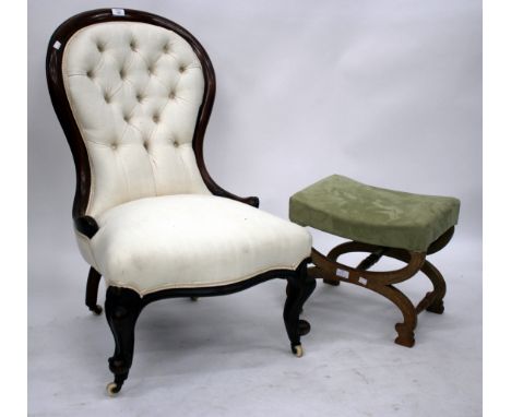 A VICTORIAN BUTTON UPHOLSTERED NURSING CHAIR with cabriole legs 59cm wide together with an oak framed stool 43cm wide (2)