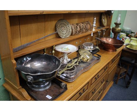 MISCELLANEOUS ITEMS TO INCLUDE two vintage fishing rods, a silver plated tray, a brass oil lamp, a pair of brass candle stick