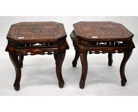 A PAIR OF EARLY 20TH CENTURY CHINESE HARDWOOD LOW SQUARE OCCASIONAL TABLES with canted corners to the tops and decorative bon