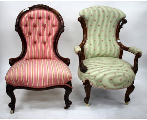 A VICTORIAN WALNUT FRAME ARMCHAIR with shaped back and carved acanthus decoration on cabriole legs and ceramic casters, 69cm 