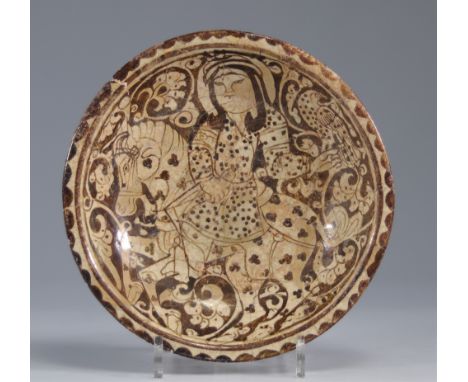 Exceptional figurative Kashan dish. A similar example depicting a "polo player" is in the Cleveland Museum of art - Weight: 5