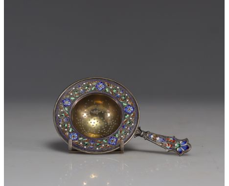 Russia solid silver and enamel tea strainer - Weight: 38 g - Shipping available - Region: Russia - Sizes: L=115mm - At first 