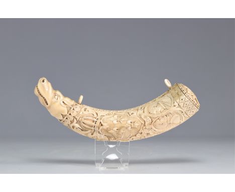 Tooth carved with a 19th century French coat of arms hunting scene Carved from a hippopotamus tooth not subject to CITES - We
