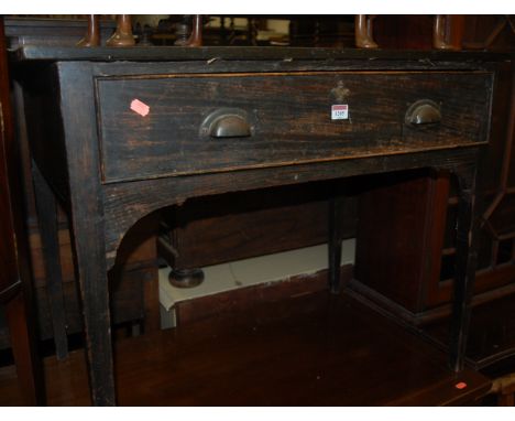 A 19th century rustic ebonised oak single drawer side table, together with a boot jack and a wicker top bobbin turned stool (