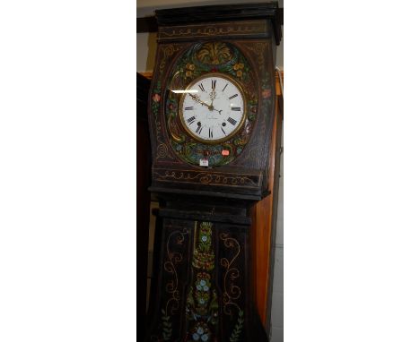 A provincial French stained and floral painted vineyard longcase clock, the convex white dial signed Raymond Toulouse, with t