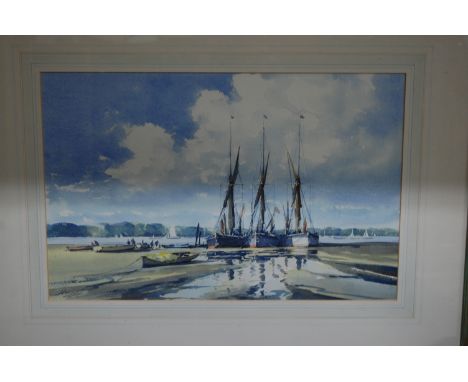 Graham Howlett - Sailing boats on the estuary at low-tide, watercolour, signed lower left, 35 x 54cm 