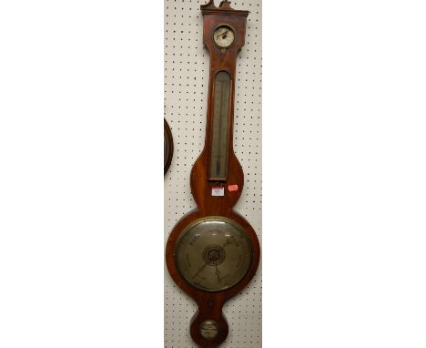An early 19th century mahogany and satinwood strung four dial wheel barometer (with losses)