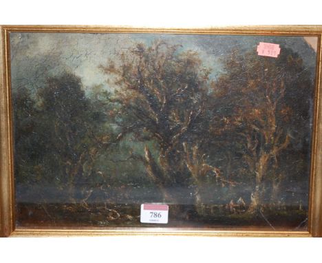 19th century English school - Figures in an overgrown wood, oil, 22 x 33cm (later framed and glazed, with significant crazing