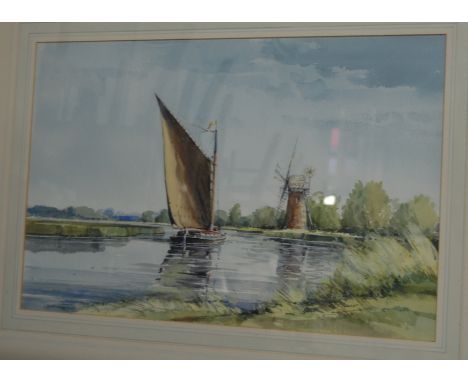 Graham Howlett - Sailing boat with windmill on the Norfolk Broads, watercolour, signed lower right, 35 x 54cm 
