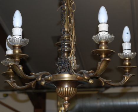 A Victorian style gilt brass five light hanging electrolier 
