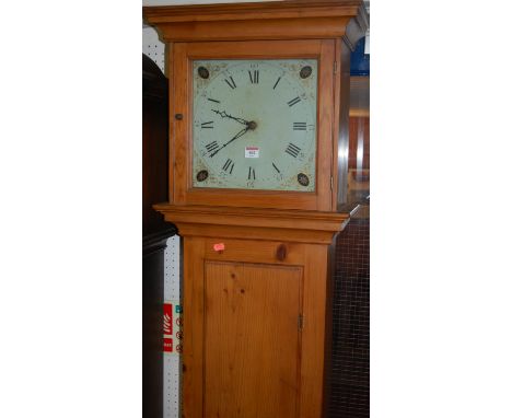 A 19th century provincial pine longcase clock having an unsigned painted square dial with pendulum
