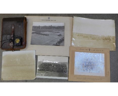 A military map case and compass and five early military photographs including Grenadier Guards, Dec. 1930