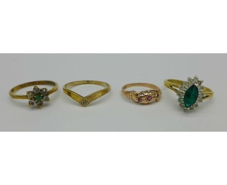 A 9ct gold and ruby ring, a/f, 1.2g, I, and three other rings, two x R and one S