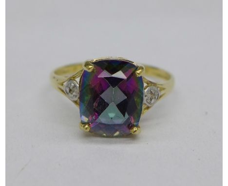 A 9ct gold, diamond and mystic topaz ring, 1.5g, N