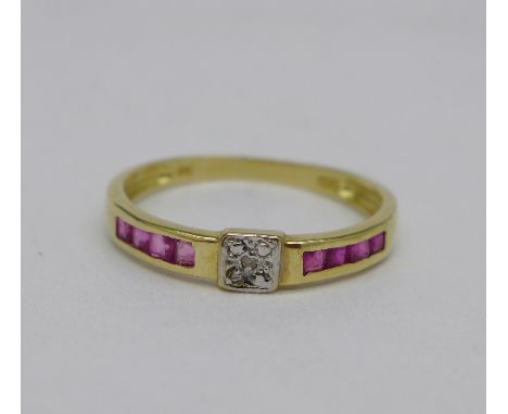 A 9ct gold, diamond and ruby ring, 1.2g, O
