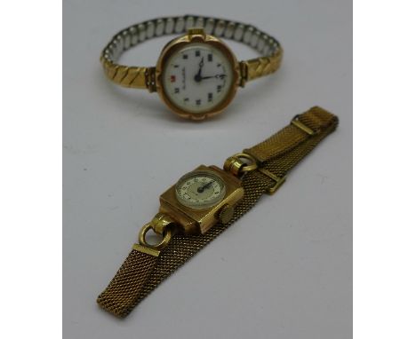Two 9ct gold cased wristwatches on plated bracelet straps, Thomas Russell and Rotary
