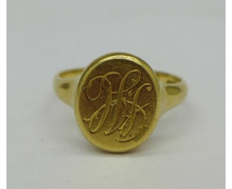 An 18ct gold ring with hinged front revealing an enamel portrait, with initials, Birmingham 1915, 7.4g, R