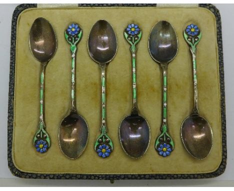 A cased set of six silver and enamel spoons, Birmingham 1934