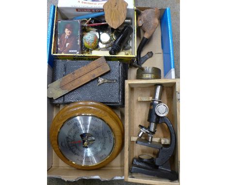 A barometer, ruler, pens, microscope, folding camera, a/f, wristwatches, etc.