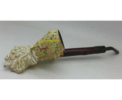 A Gambier mould clay pipe bowl, coloured enamel decoration of Jacob, no.948 with wood stem