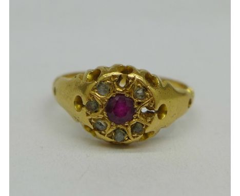 An 18ct gold, diamond and ruby ring, lacking stones, 3.4g, L
