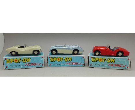 Three boxed Spot-On 1/42 scale die-cast cars comprising a Jaguar XKSS, Triumph TR3 and an Austin Healey