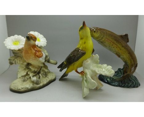 A Goebel figure of a bird, a Beswick model of a trout and one other model of a bird, all a/f