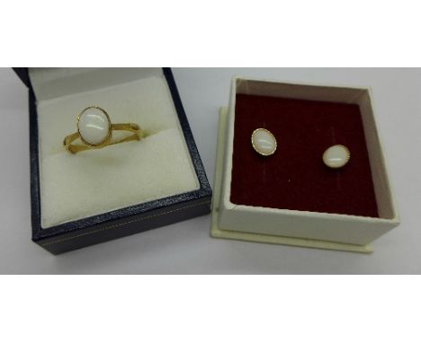 A 9ct gold and opal ring and a pair of opal earrings, weight of ring 2.6g, Q