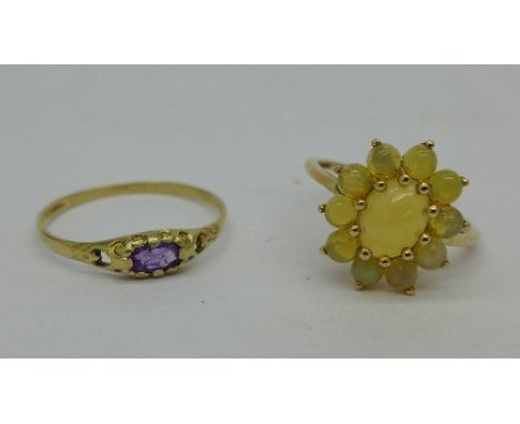 A 9ct gold and opal cluster ring and a 9ct gold and amethyst ring, 3.1g, N and S