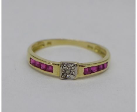 A 9ct gold, ruby and diamond ring, 1g, O