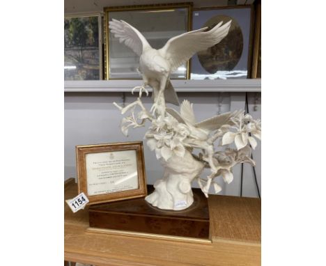 A limited Royal Worcester no 18/150 sparrowhawk & bullfinch by James Alder. Collect onlyDamage to 1 leaf, parts present. No o