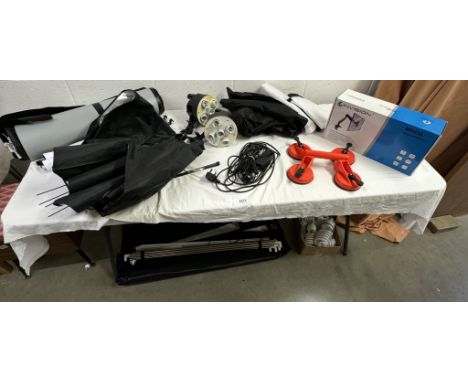 A quantity of photography lighting equipment and adapted light box etc