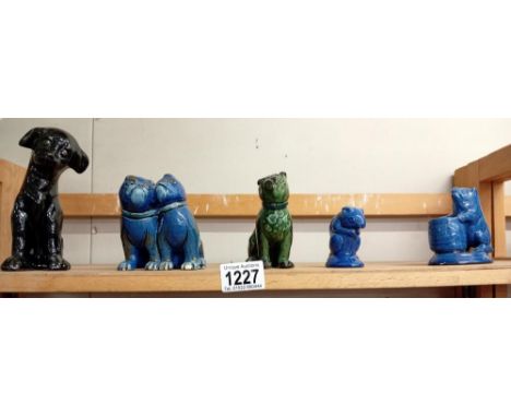 A quantity of vintage pottery dogs, mouse & pig match holderGreen dog has glaze loss to 1 ear. Mouse has chip to glaze on bot