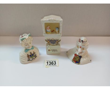 A crested ware Punch &amp; Judy busts &amp; puppet tent