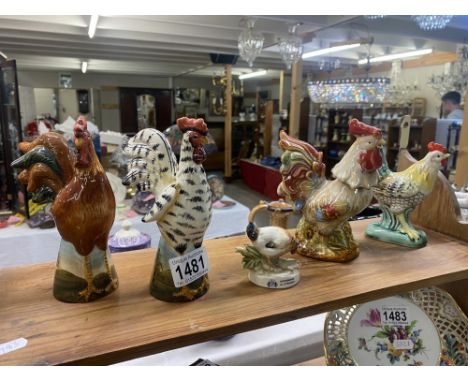A small Capodimonte cockerel, 2 other vintage cockerels and a salt and pepper set of cockerels