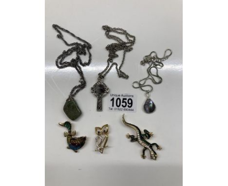 Three animal style broaches, including lizard. Three Scottish / Celtic style chains with pendants