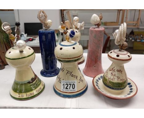 6 hatpin stands including Aller Vale pottery