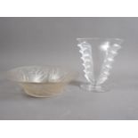 A Lalique France clear and frosted vase, 6 1/4" high, and a frosted glass bowl with fish design, 8
