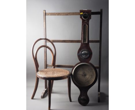 An Edwardian mahogany and line inlaid barometer (numerous losses and damages), a child's bentwood chair with cane seat and an