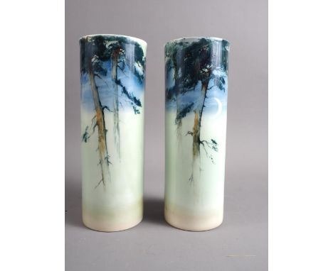 A pair of Royal Worcester "Sabrina Porcelain" cylinder vases, decorated pine trees at night, signed Sedgley, 9 1/2" high Cond