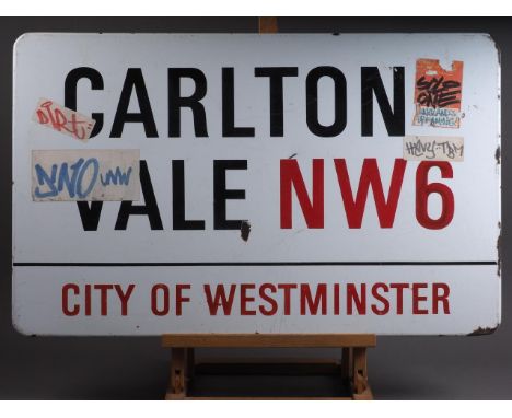 An enamel street sign, "Carlton Vale NW6", 17 3/4" x 28" 