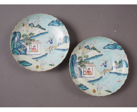 A pair of shaped edge Chinese porcelain dishes, decorated with figures by a river, seal mark to base, 5 1/4" dia 