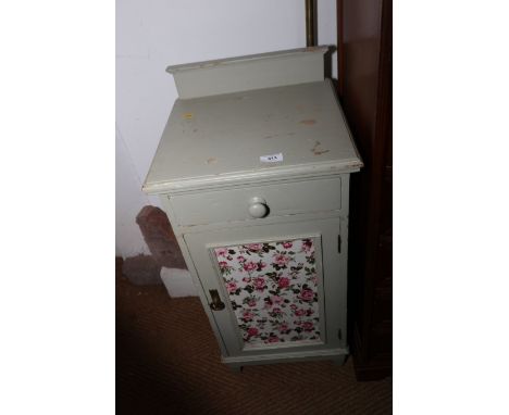 A painted bedside cupboard, fitted one drawer over cupboard, 15" wide x 14" deep x 32 1/2" high, a blue painted wall mirror w