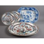 A 19th century blue and white "Poppy" pattern rectangular meat dish, 18 1/2" wide, an Indian Tree