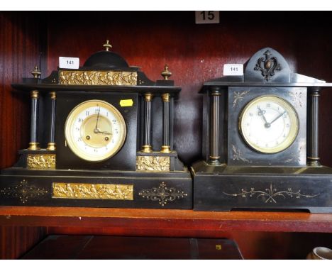 Two slate "architectural" clocks, taller 13 1/2" high 