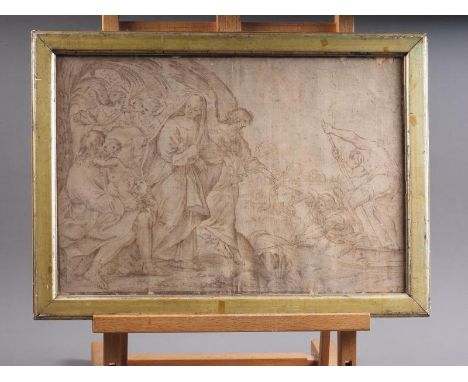 A 16th century Italian School old master drawing, "Flight into Egypt", the Holy family and angel by a river ferry, 10 1/2" x 