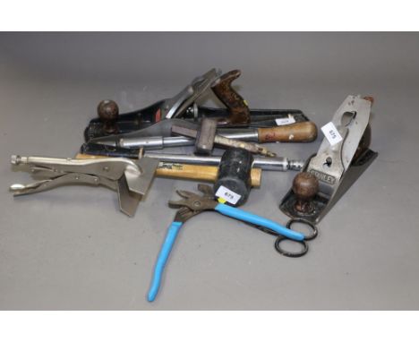 A Stanley 18" sole plane, a 10 1/2" plane, a rosewood walking gauge and other tools 