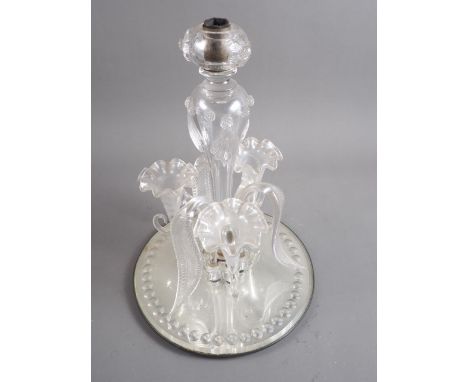 An early 20th century lampwork table centre/epergne, on mirror base, 16" high 