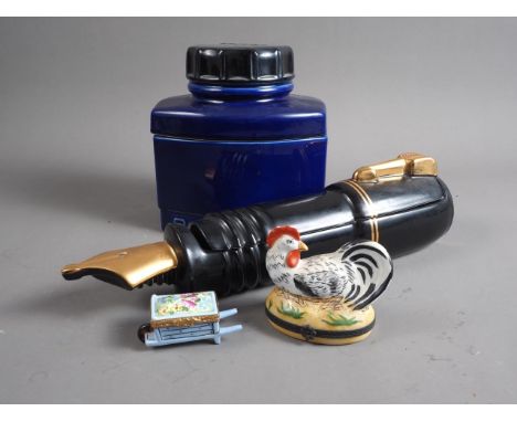 A Silver Crane Co ceramic "Parker Quink" bottle, 7 1/2" high, a companion Parker fountain pen and two Limoges porcelain boxes