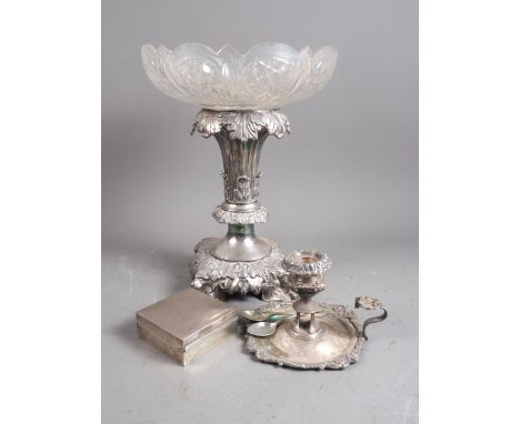 A 19th century silver plated table centre with cut glass bowl, on lion supports, 13" high, a Sheffield plate candlestick and 